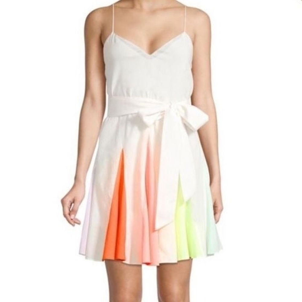 Alice + Olivia Kimmy Sleeveless Short Godet Dress White & Rainbow Size XS